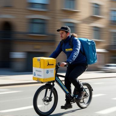 Un coursier Livraison Éclair transportant un colis en vélo-cargo