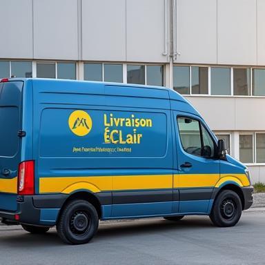 Camionnette Livraison Éclair devant une entreprise cliente